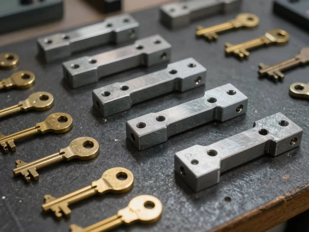 Sectioned steel lock mechanisms and brass keys laid out on a dark