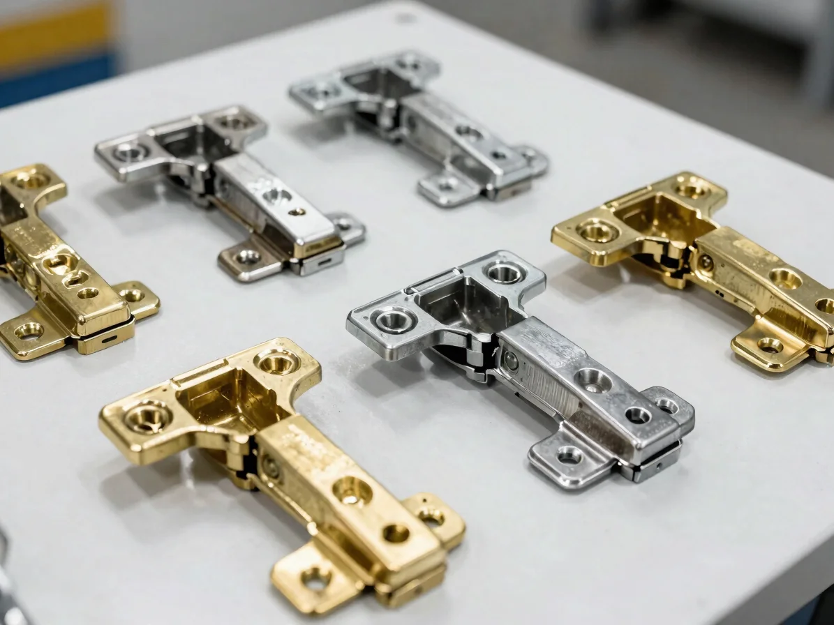 Finished brass and steel hinges arranged in a clean industrial la