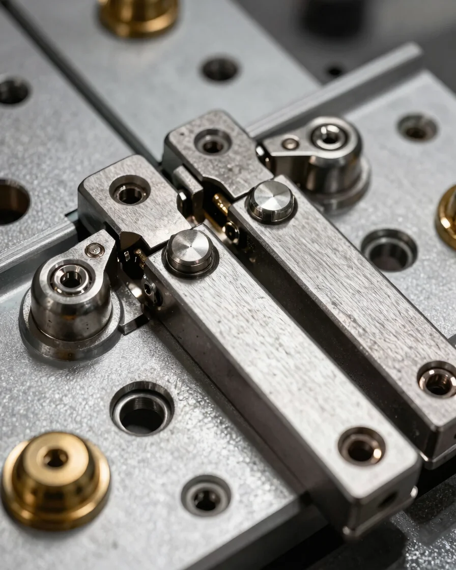 detailed macro close-ups of mechanical joints and precision steel hinges under workshop overhead daylight